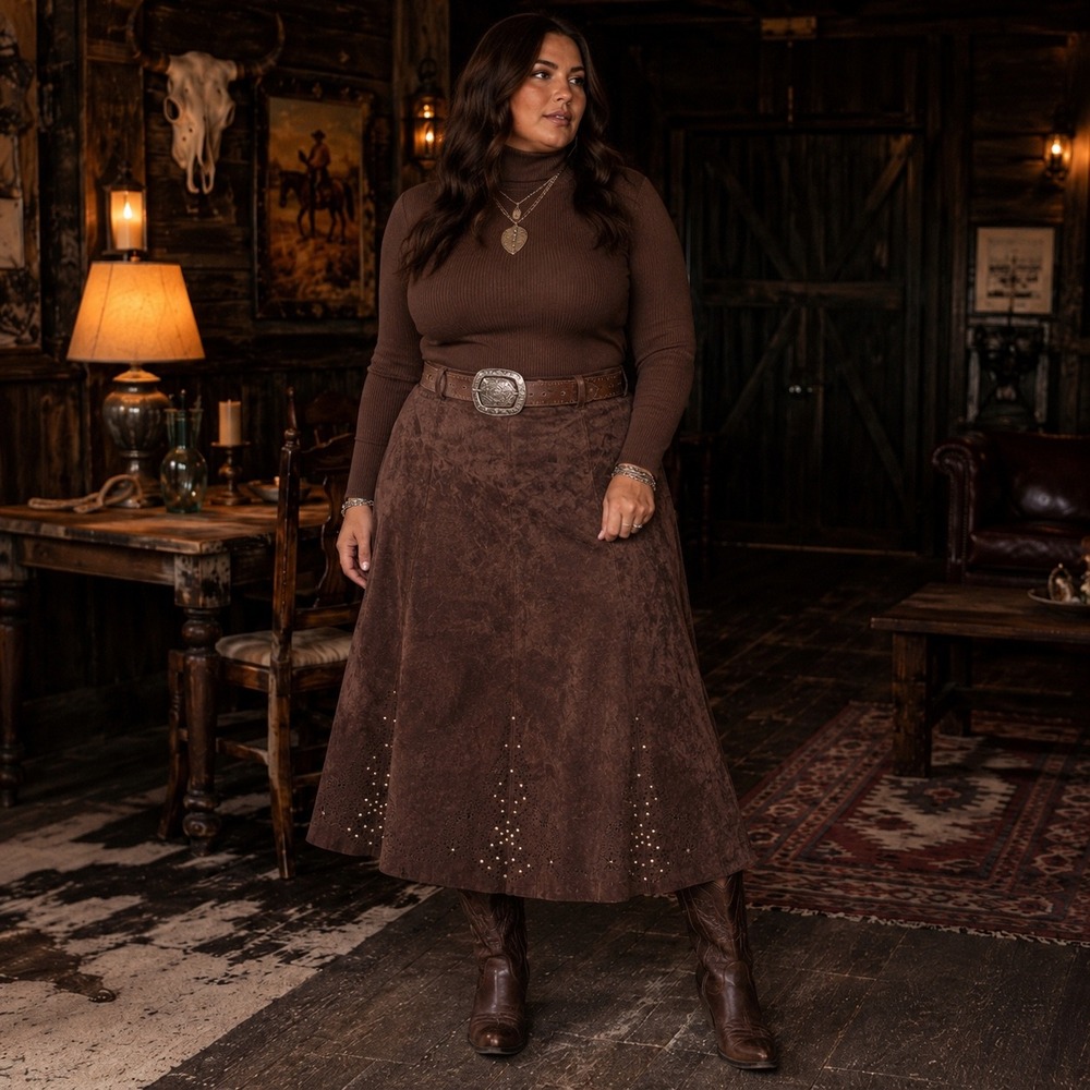 COLDWATER CREEK Suede Leather Studded Midi Skirt Brown Western Boho XL